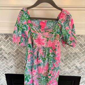 Lily Pulitzer Pink & Green Floral Sundress - Square Neck Puff Sleeve
